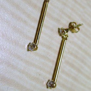 14K Yellow Gold Post Dangle Earrings White Sparkle Stones
